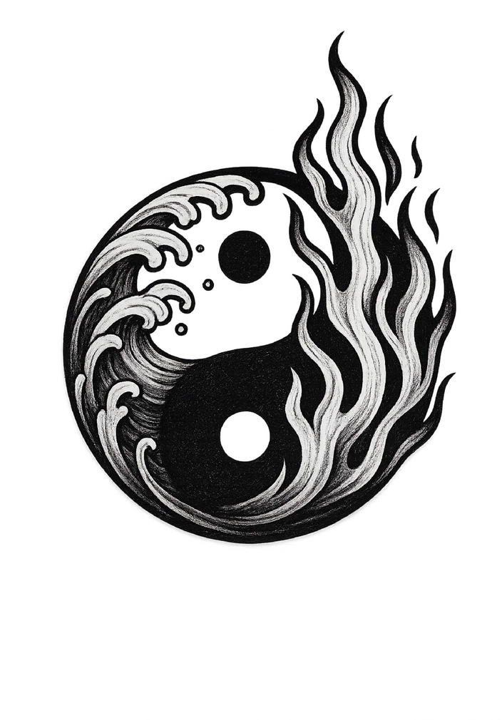Tattoovorlage Yin-Yang-Symbol mit Wasser und Feuer