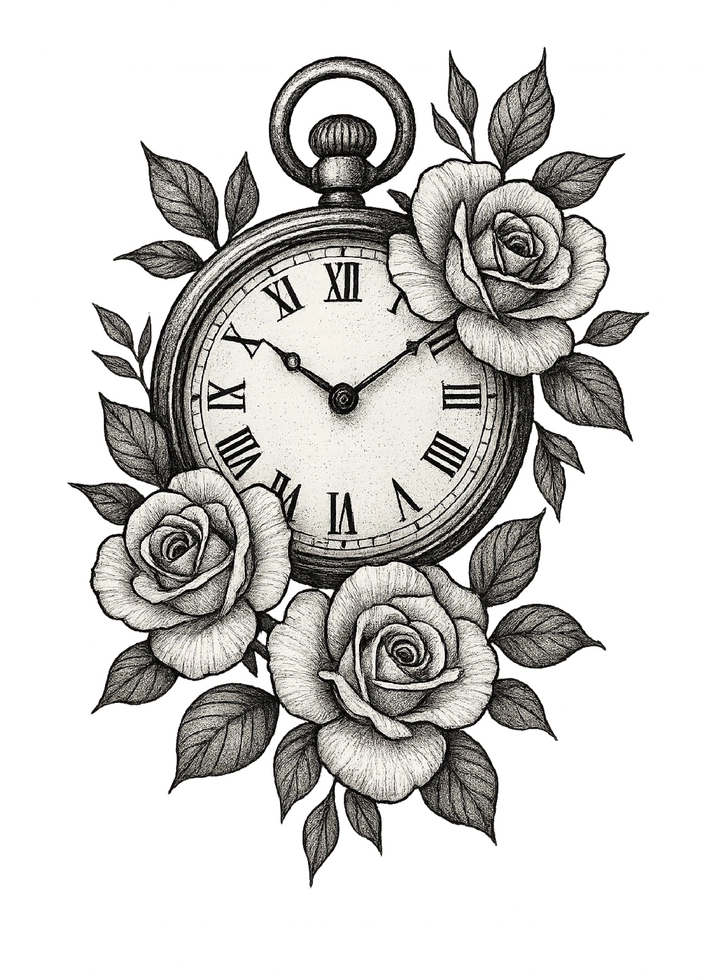 Tattoovorlage Uhr mit Rosen für Nacken und Hals