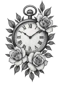 uhr-mit-rosetten-und-blättern-tattoo