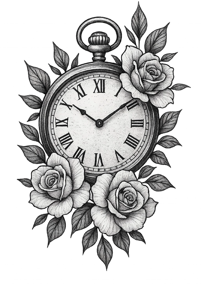 Tattoovorlage Uhr mit Rosen und Blättern