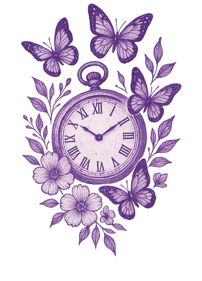 Tattoovorlage mit Uhr und Schmetterlingen