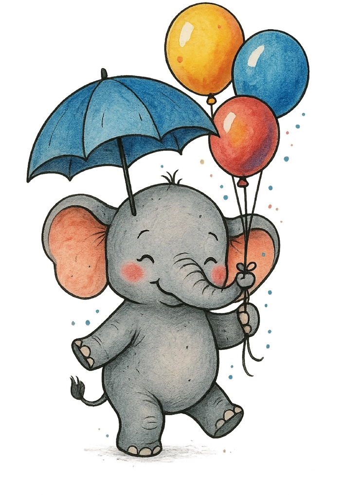 Tattoovorlage verspielter Elefant mit Regenschirm und bunten Ballons