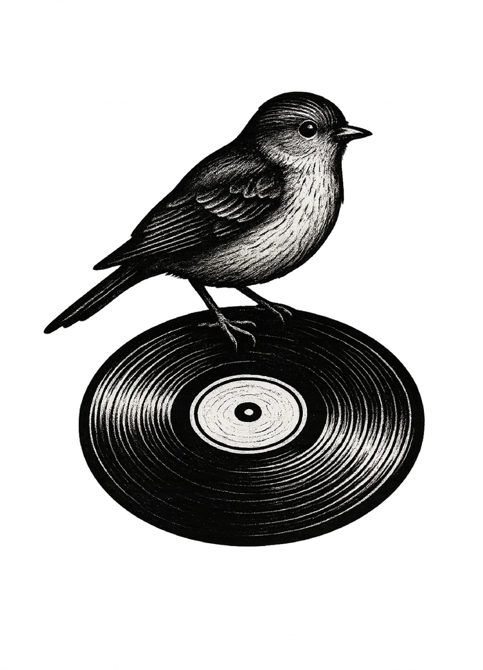 Tattoovorlage Vogel auf Schallplatte mit Musikmotiv