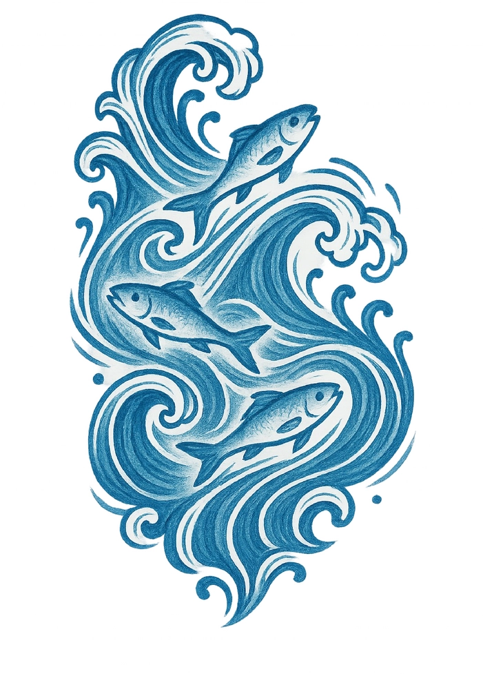 Tattoovorlage mit Wellen und Fischen im Wasser