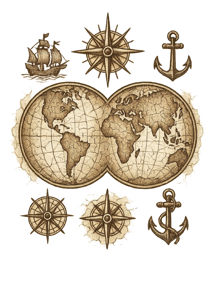 Tattoovorlage Weltkarte mit Kompass und nautischen Symbolen