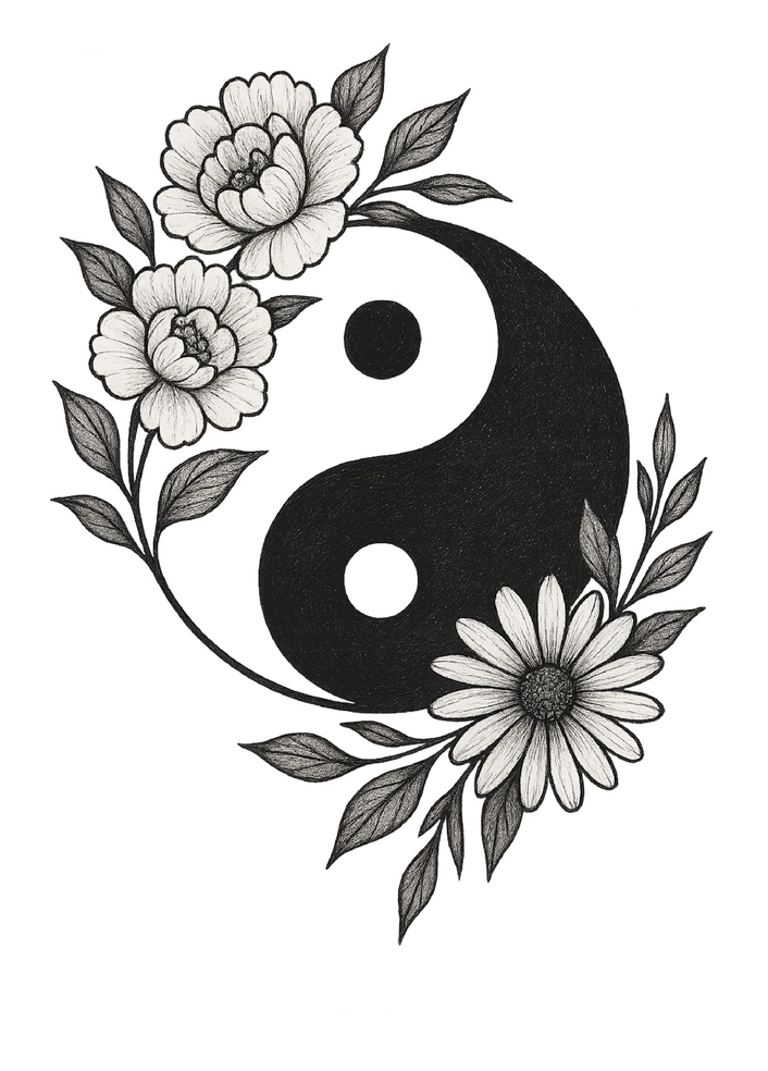 Tattoovorlage Yin-Yang-Symbol mit floralen Elementen
