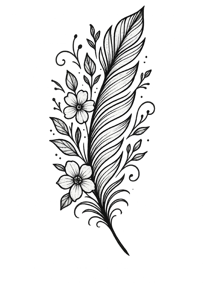 Tattoovorlage Zarte Feder Mit Floralen Elementen